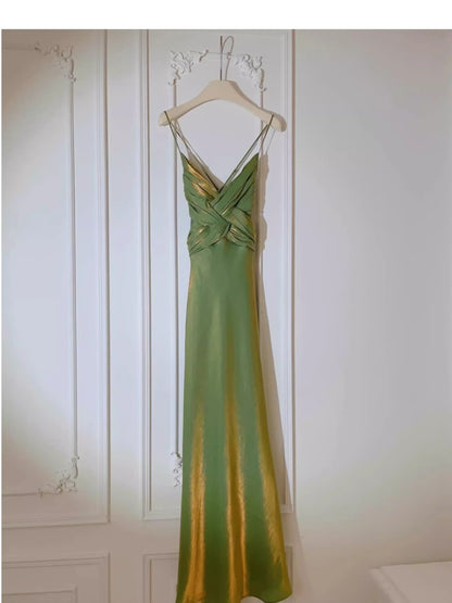 Elegant Sheath Spaghetti Strap Ruched Metallic Satin Maxi Party Dress