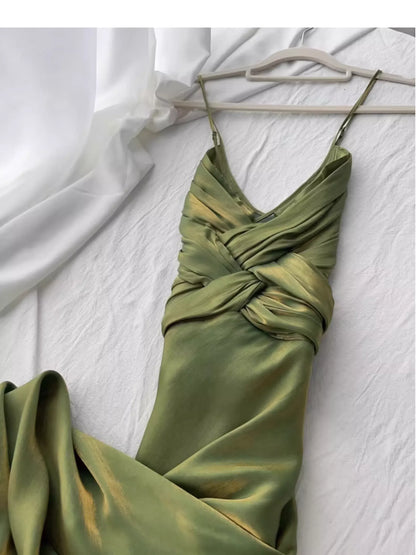 Elegant Sheath Spaghetti Strap Ruched Metallic Satin Maxi Party Dress