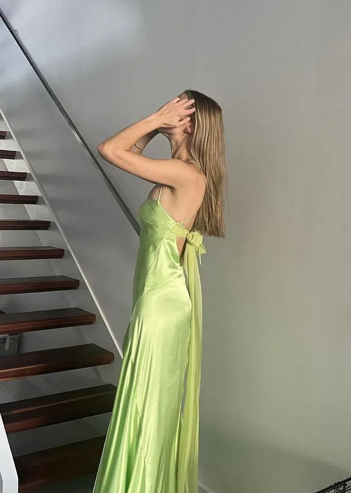 Elegant Sheath Spaghetti Straps Backless Floor-Length Prom Dress