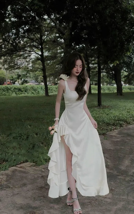 Elegant Sheath Square-Neck Sleeveless Ruffled-Satin Ivory Maxi Evening Dress for Women