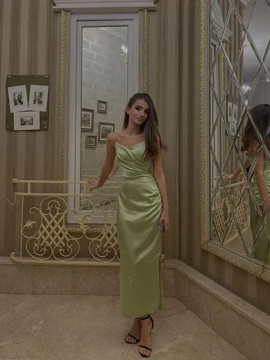 Elegant Sheath Strapless Draped Satin Sage Green Midi Evening Dress for Women