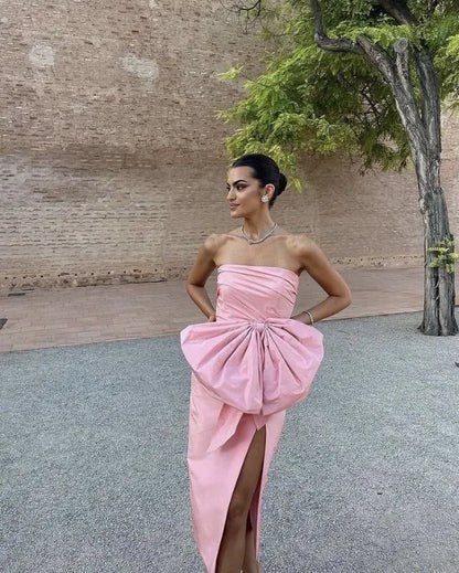 Elegant Sheath Strapless Sleeveless Satin Slit Tea-Length Evening Dress