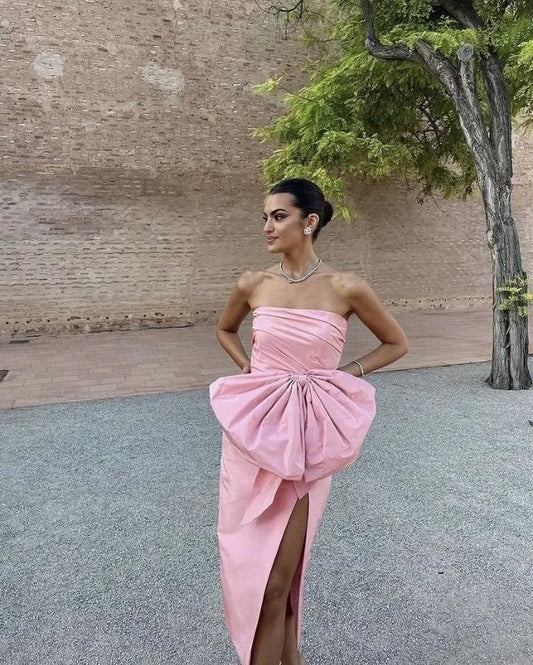 Elegant Sheath Strapless Sleeveless Satin Slit Tea-Length Evening Dress