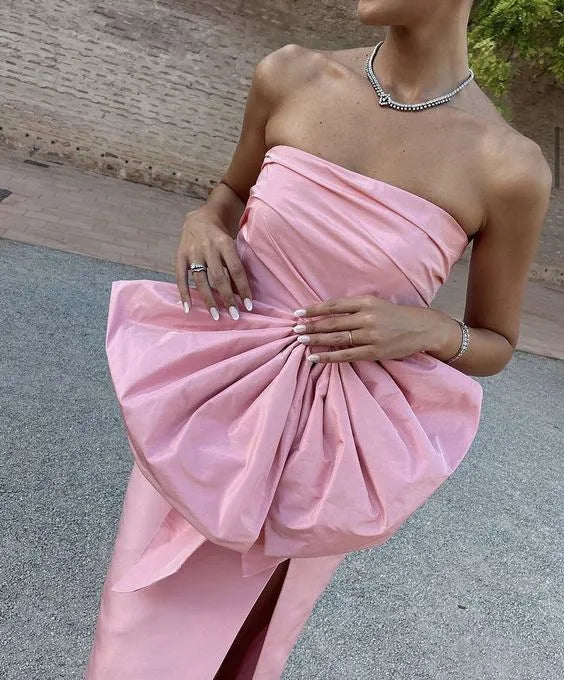 Elegant Sheath Strapless Sleeveless Satin Slit Tea-Length Evening Dress