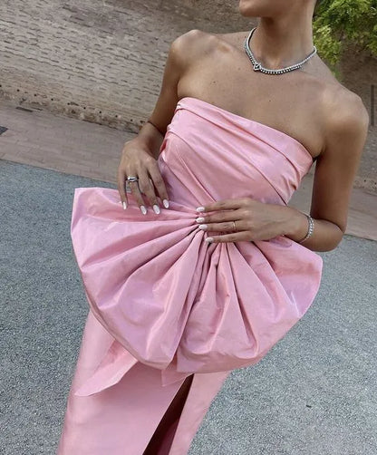 Elegant Sheath Strapless Sleeveless Satin Slit Tea-Length Evening Dress