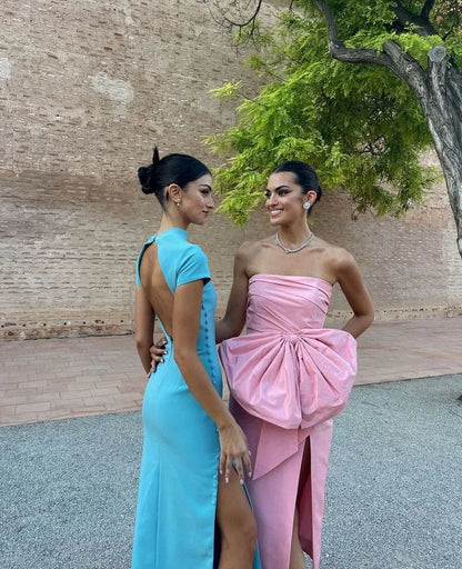 Elegant Sheath Strapless Sleeveless Satin Slit Tea-Length Evening Dress
