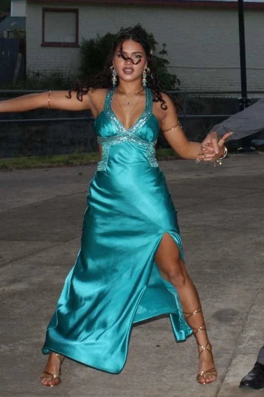 Elegant Sheath V-Neck Sleeveless Satin Slit Floor-Length Prom Dress