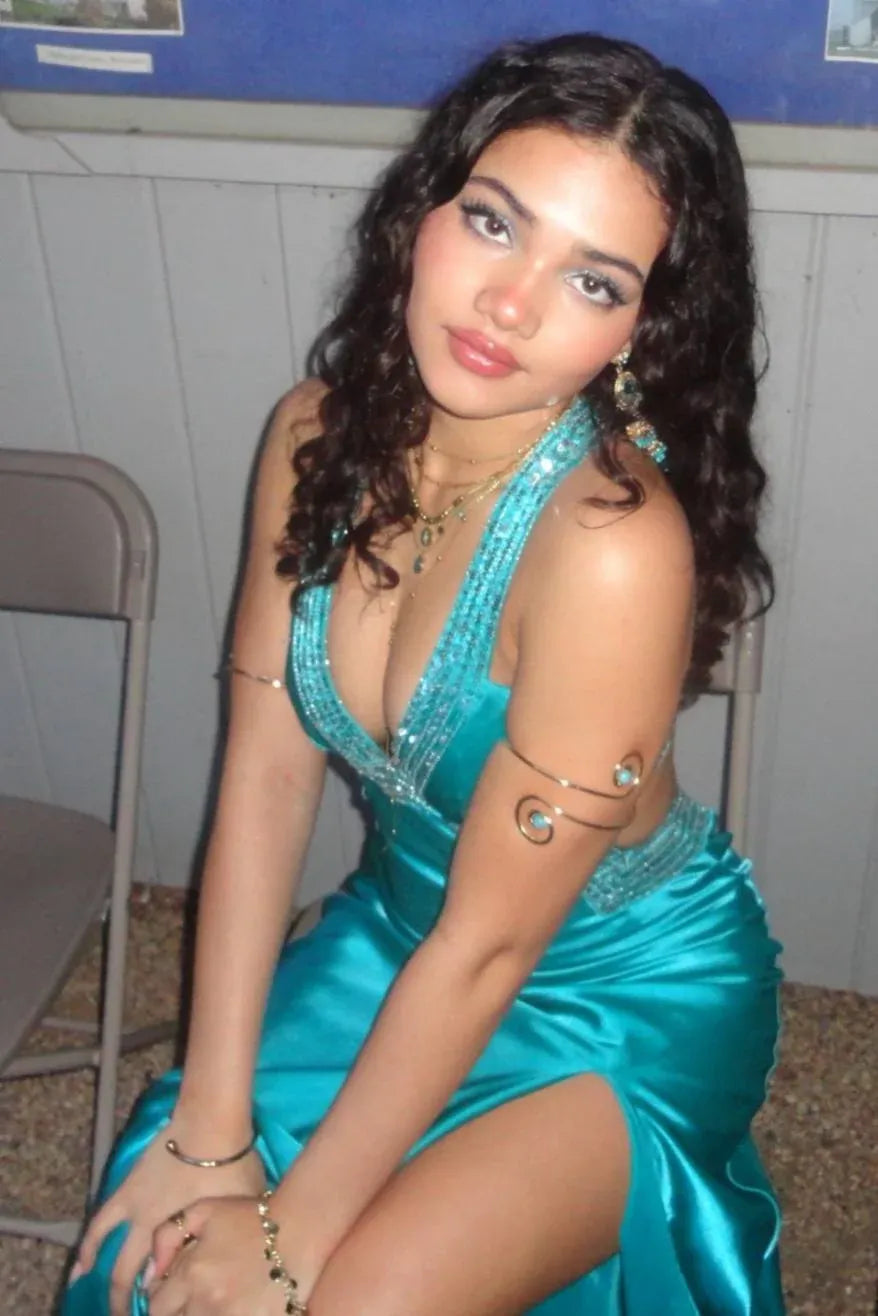 Elegant Sheath V-Neck Sleeveless Satin Slit Floor-Length Prom Dress