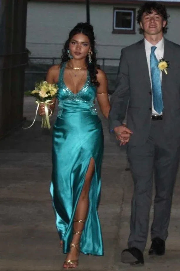 Elegant Sheath V-Neck Sleeveless Satin Slit Floor-Length Prom Dress