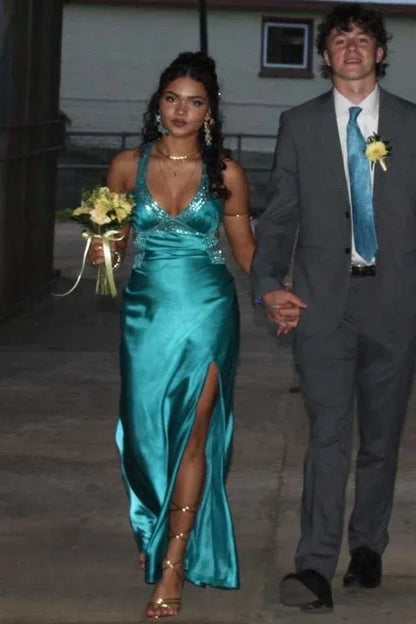 Elegant Sheath V-Neck Sleeveless Satin Slit Floor-Length Prom Dress