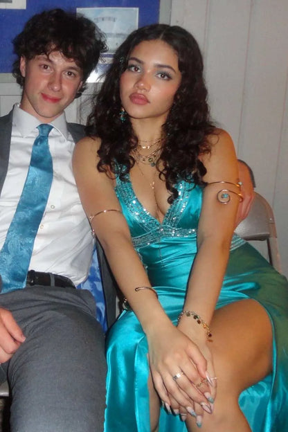 Elegant Sheath V-Neck Sleeveless Satin Slit Floor-Length Prom Dress
