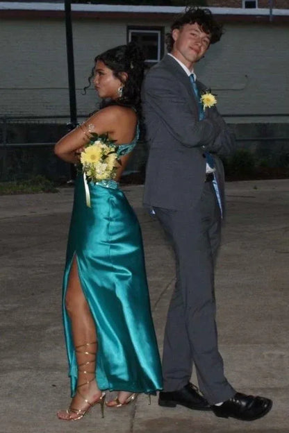 Elegant Sheath V-Neck Sleeveless Satin Slit Floor-Length Prom Dress
