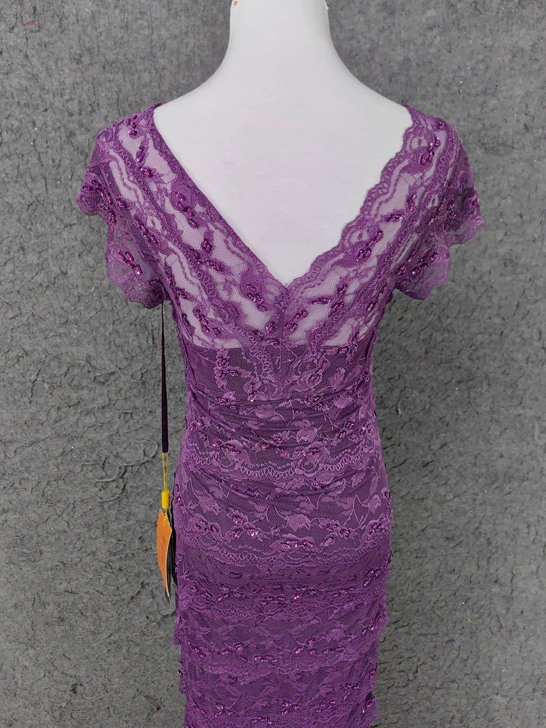 Elegant Sheath V-neck Cap-sleeved Lace Deep Purple Maxi Prom Dress for Women Ready to Ship