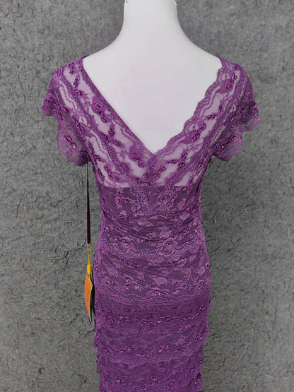 Elegant Sheath V-neck Cap-sleeved Lace Deep Purple Maxi Prom Dress for Women Ready to Ship