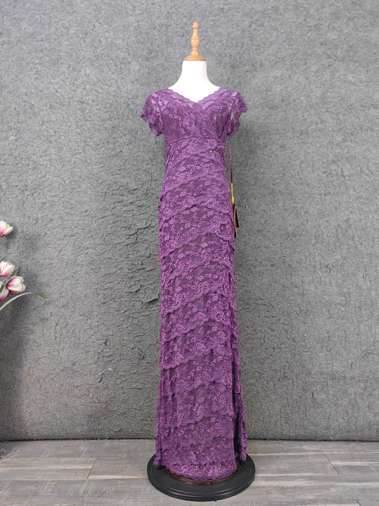 Elegant Sheath V-neck Cap-sleeved Lace Deep Purple Maxi Prom Dress for Women Ready to Ship