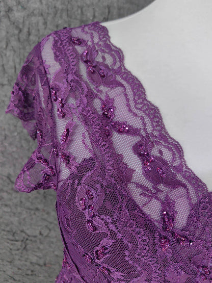Elegant Sheath V-neck Cap-sleeved Lace Deep Purple Maxi Prom Dress for Women Ready to Ship
