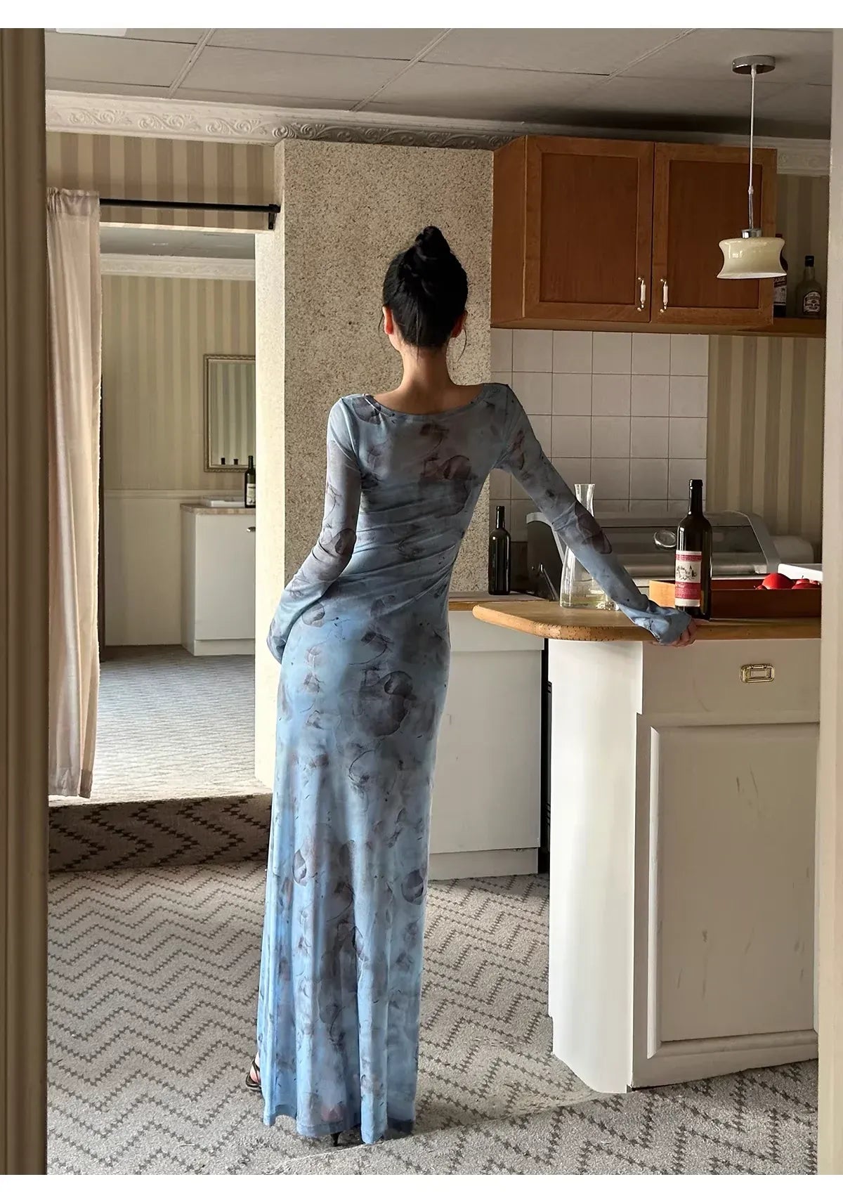Elegant Sheath V-neck Printed Light Blue Evening Dress For Ladies Hot Sale