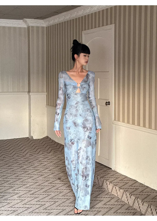Elegant Sheath V-neck Printed Light Blue Evening Dress For Ladies Hot Sale
