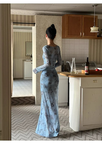 Elegant Sheath V-neck Printed Light Blue Evening Dress For Ladies Hot Sale