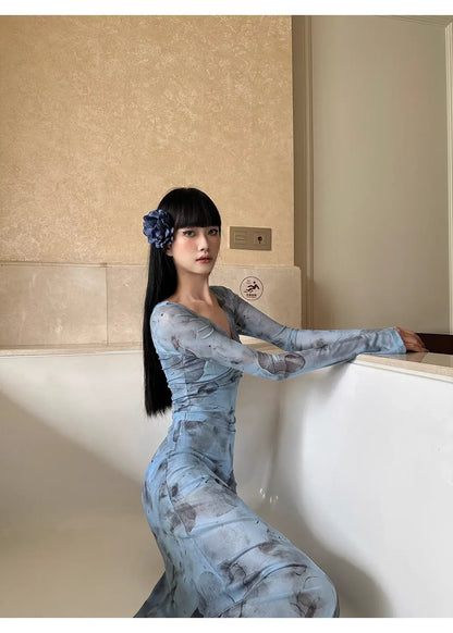 Elegant Sheath V-neck Printed Light Blue Evening Dress For Ladies Hot Sale