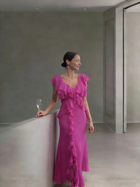 Elegant Sheath V-neck Ruffle Sleeve Ruffle Trim Chiffon Floor-Length Party Dress