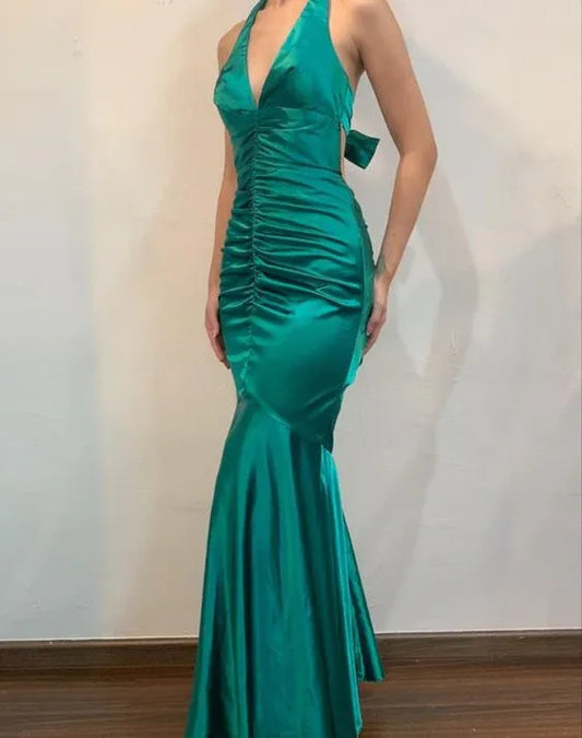 Elegant Slim V-neck Sleeveless Satin Pleated Floor-Length Party Dress