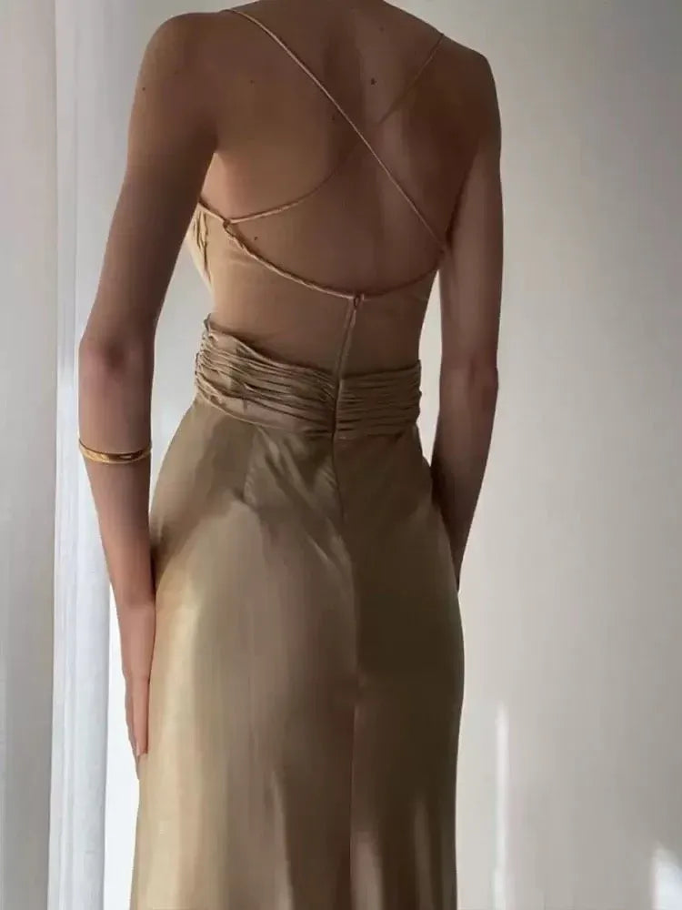 Elegant Slip V-neck Sleeveless Ruched Champagne Satin Maxi Prom Dress for Women Custom