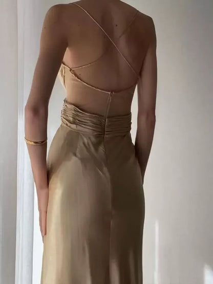Elegant Slip V-neck Sleeveless Ruched Champagne Satin Maxi Prom Dress for Women Custom