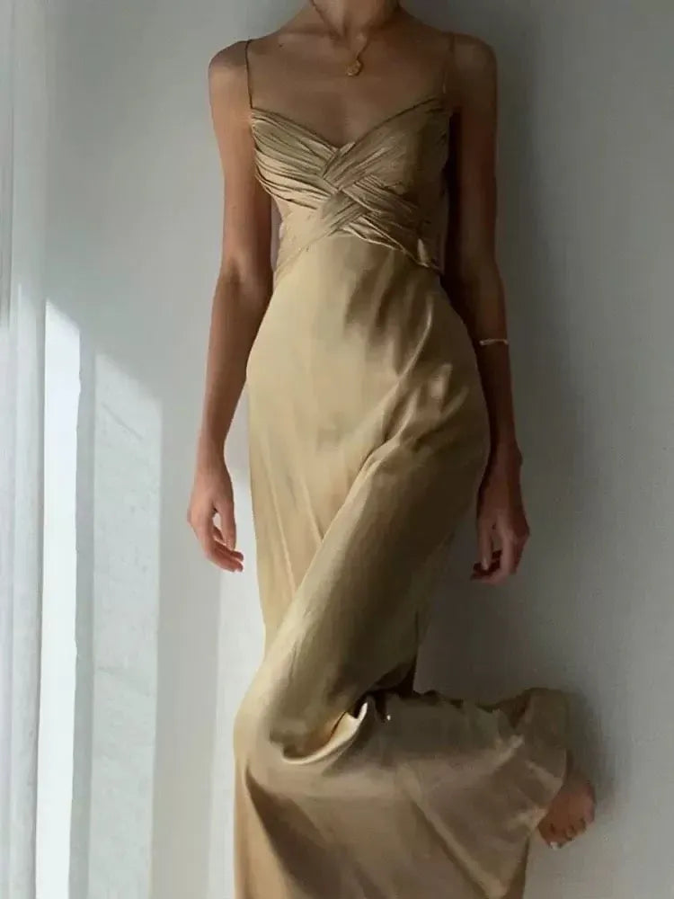 Elegant Slip V-neck Sleeveless Ruched Champagne Satin Maxi Prom Dress for Women Custom