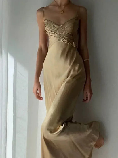 Elegant Slip V-neck Sleeveless Ruched Champagne Satin Maxi Prom Dress for Women Custom