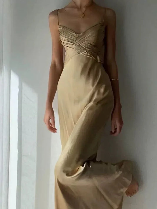 Elegant Slip V-neck Sleeveless Ruched Champagne Satin Maxi Prom Dress for Women Custom