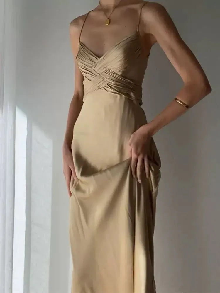 Elegant Slip V-neck Sleeveless Ruched Champagne Satin Maxi Prom Dress for Women Custom