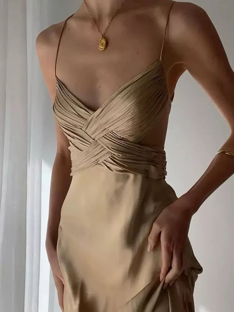 Elegant Slip V-neck Sleeveless Ruched Champagne Satin Maxi Prom Dress for Women Custom