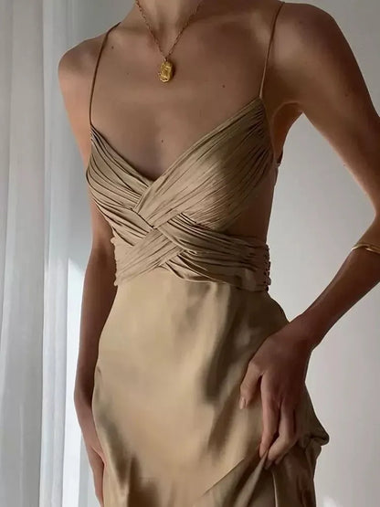 Elegant Slip V-neck Sleeveless Ruched Champagne Satin Maxi Prom Dress for Women Custom