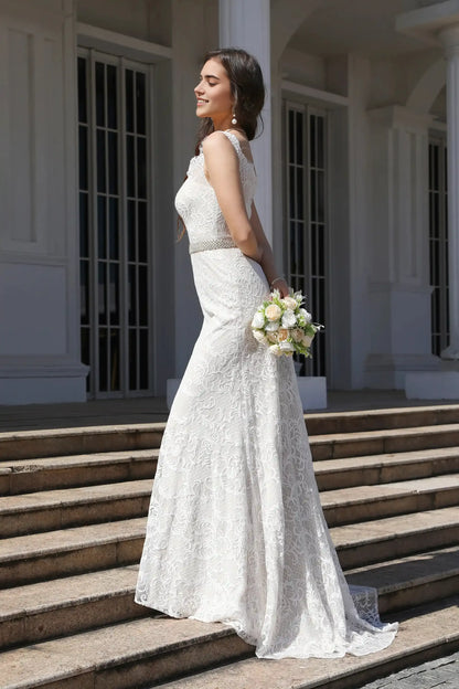 Elegant Square Neck Ivory Sleeveless Lace Long Wedding Dress