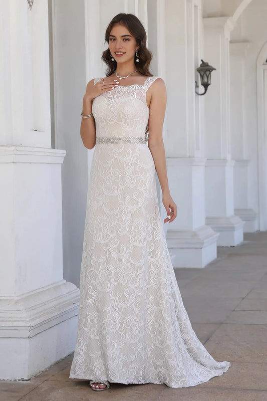 Elegant Square Neck Ivory Sleeveless Lace Long Wedding Dress
