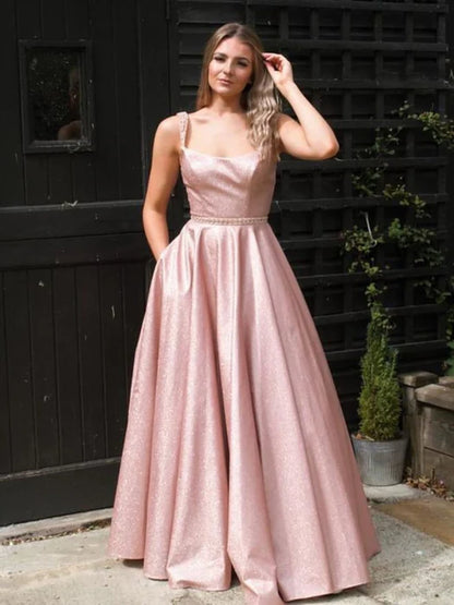 Elegant Square Neck Sleeveless Glitter Blush Pink Prom Dress