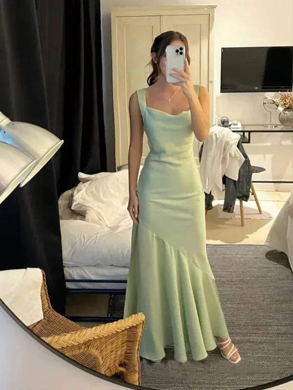 Elegant Square Neck Sleeveless Mermaid Pleated Satin Long Prom Dress