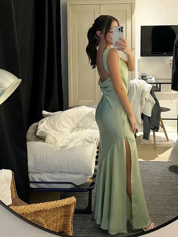 Elegant Square Neck Sleeveless Mermaid Pleated Satin Long Prom Dress