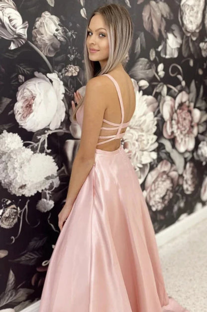 Elegant Square Neck Sleeveless Satin Blush Pink Prom Dress