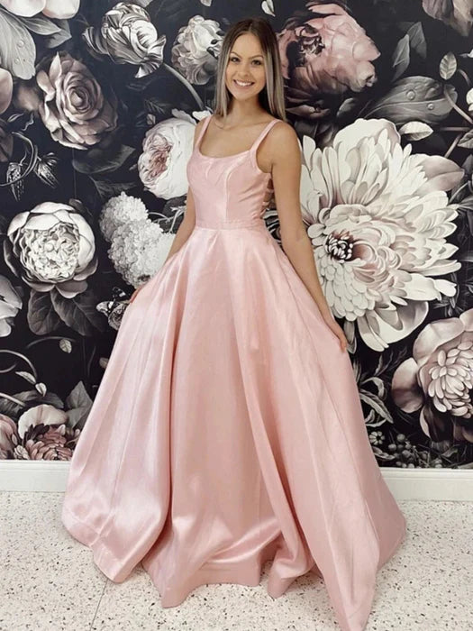 Elegant Square Neck Sleeveless Satin Blush Pink Prom Dress