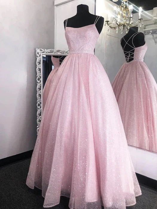 Elegant Square Neck Spaghetti Strap Glitter Pink Floor-Length Prom Dress