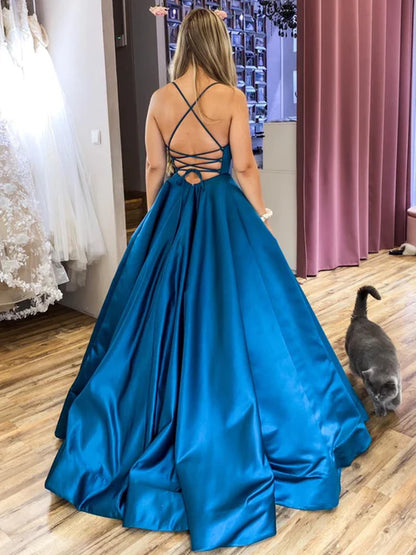 Elegant Square Neck Spaghetti Strap Satin Teal Floor-Length Prom Dress