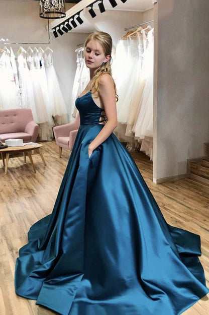 Elegant Square Neck Spaghetti Strap Satin Teal Floor-Length Prom Dress