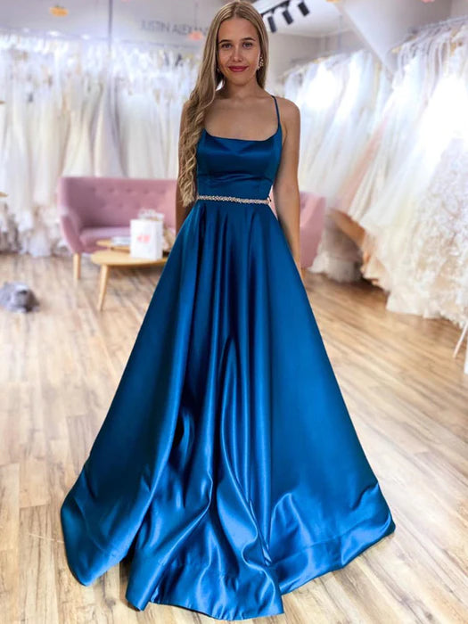 Elegant Square Neck Spaghetti Strap Satin Teal Floor-Length Prom Dress