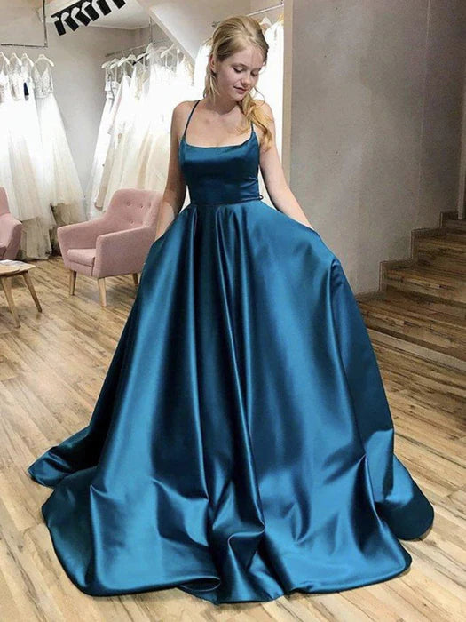 Elegant Square Neck Spaghetti Strap Satin Teal Floor-Length Prom Dress