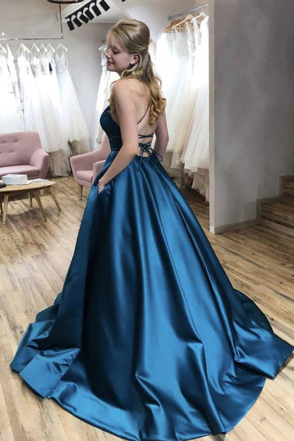 Elegant Square Neck Spaghetti Strap Satin Teal Floor-Length Prom Dress