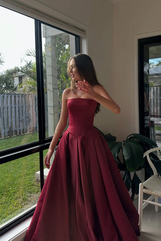Elegant Strapless Burgundy Satin A-Line Floor-Length Prom Dress