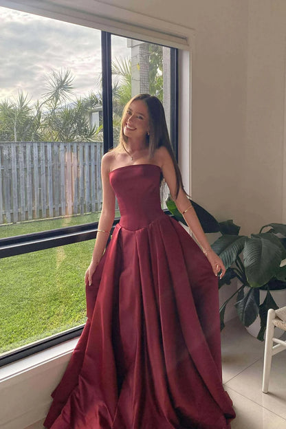Elegant Strapless Burgundy Satin A-Line Floor-Length Prom Dress