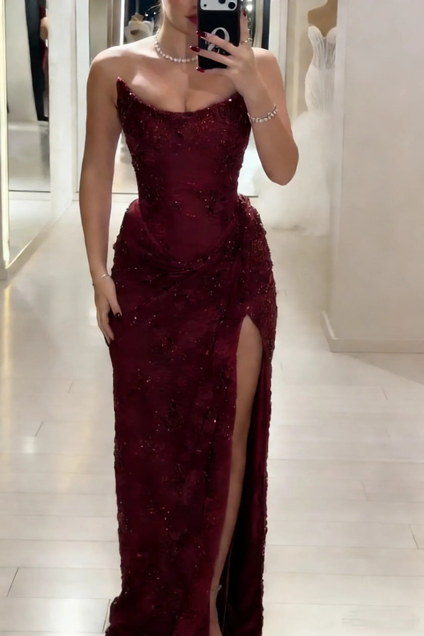 Elegant Strapless Lace-Up Sequin Slit Mermaid Evening Gown Prom Dress